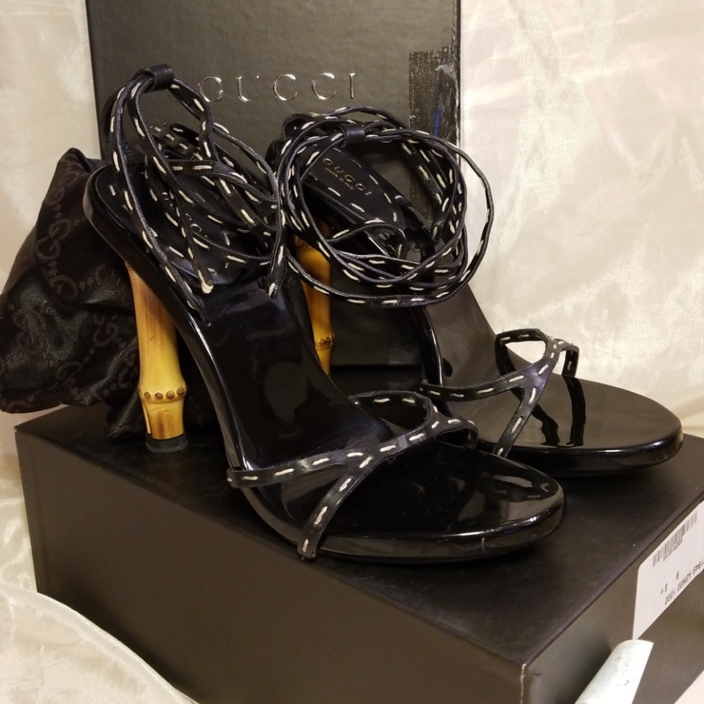Black Gucci Strappy Sandals w/4" Bamboo Heel